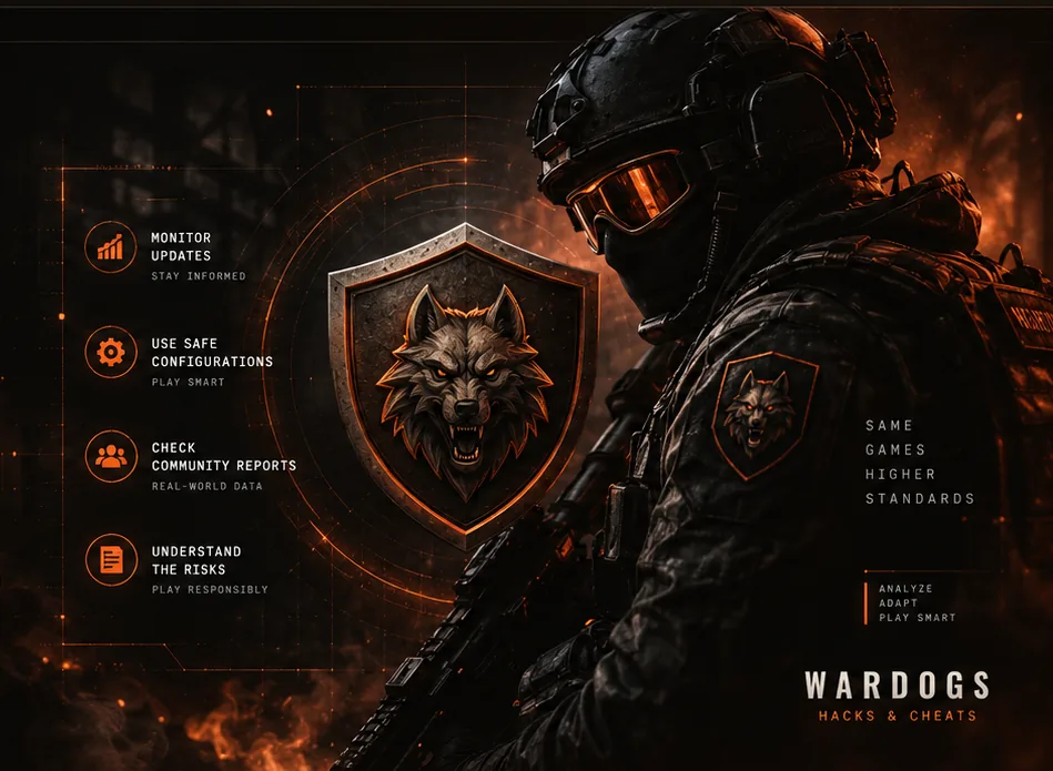 WARDOGS risk and safety graphic with shield, monitoring guidance and tactical operator