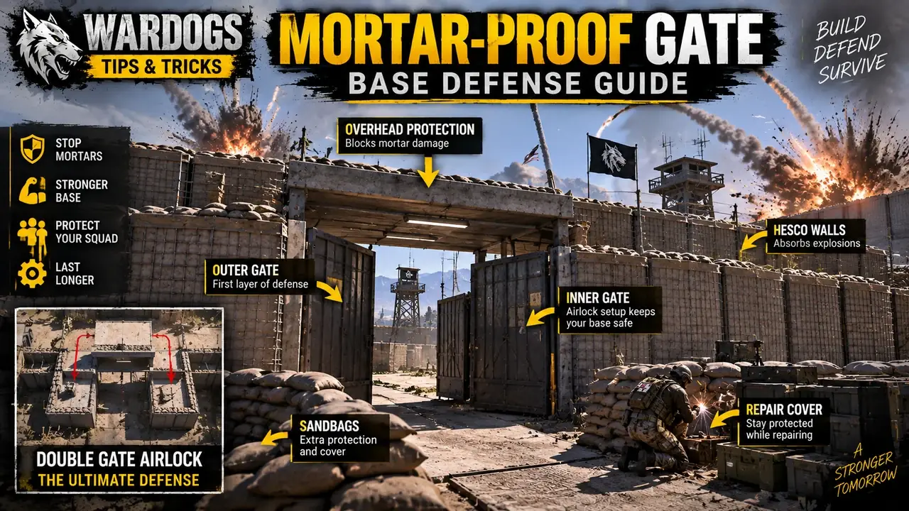 WARDOGS mortar-proof gate and fortified FOB entrance with double gates and overhead protection